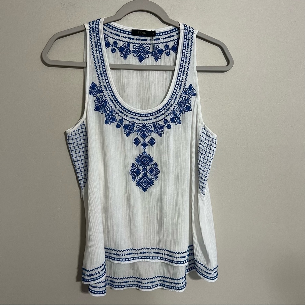 THML Embroidered Blue and White Tank Top size medium